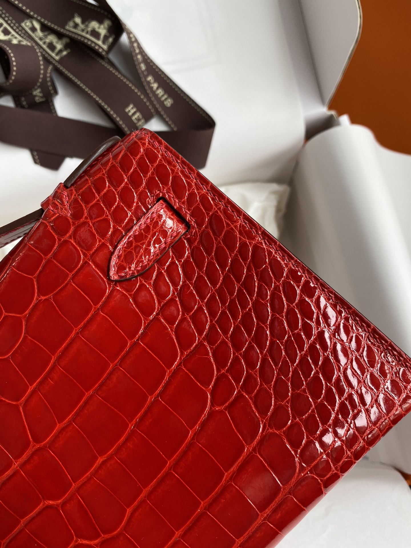 Hermes Mini Kelly Pochette 22cm Bag In Red Shiny Alligator Leather